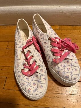 Superga x Loveshackfancy White Canvas Sneakers with Pink Floral Laces